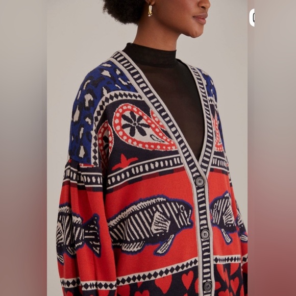 Farm Rio Navy Mixed Print Knit Cardigan Sz Small‎ Oversized Dopamine Teacher - Picture 2 of 9